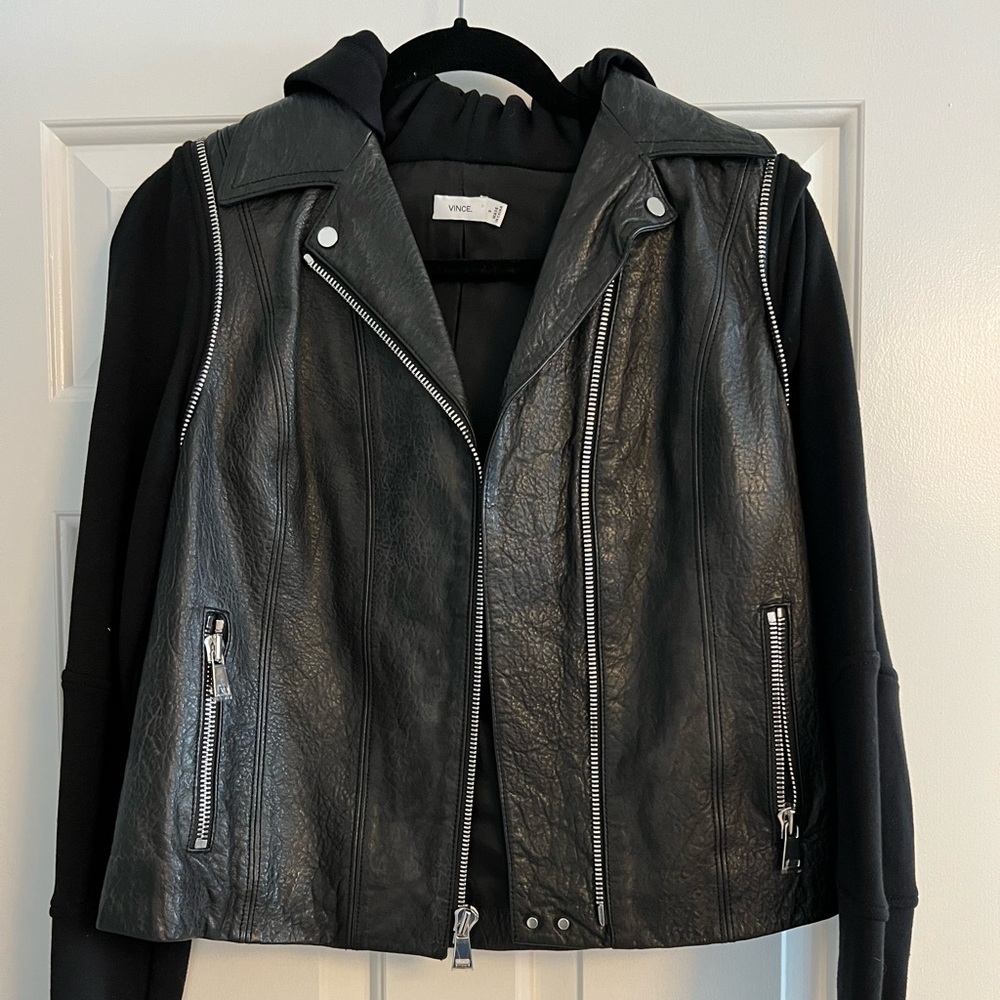 Vince hooded leather jacket with sweatshirt sleeves. Great condition.